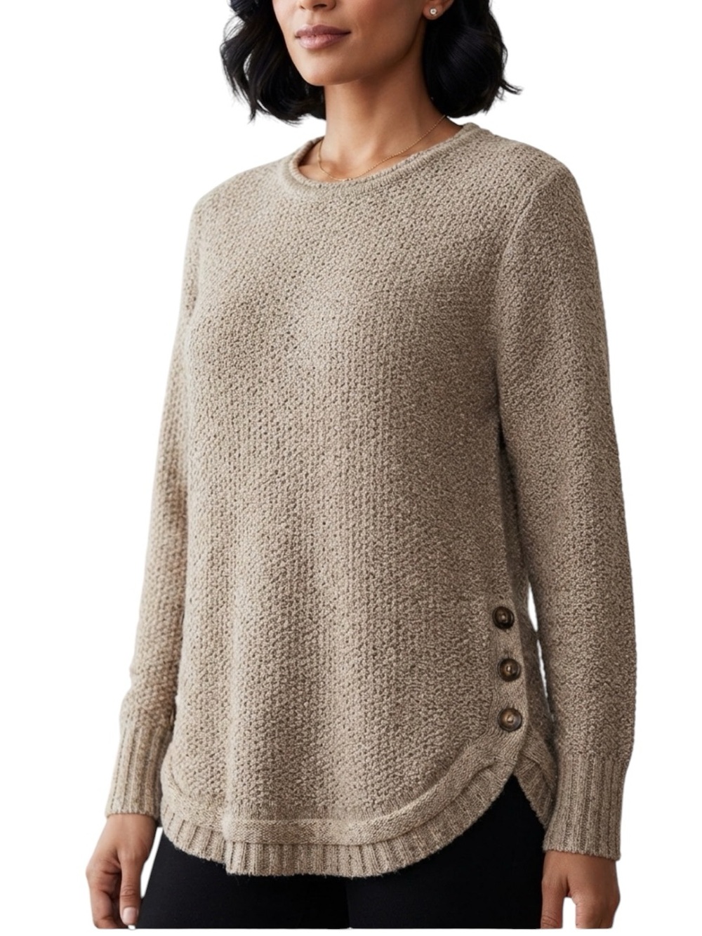 easel Taupe Bouclé Crewneck Sweater with Side Buttons Oversized S